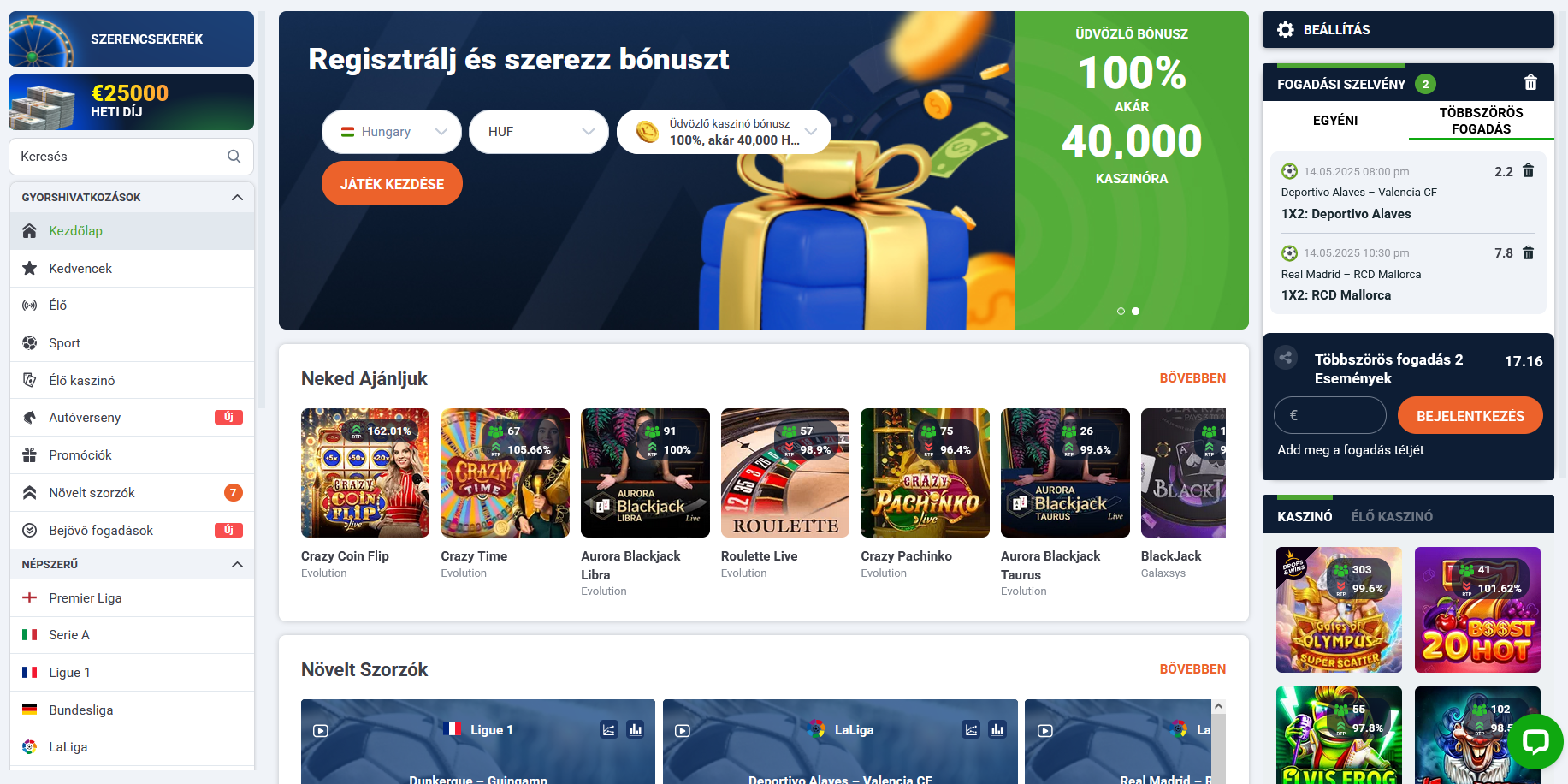 Weboldal főoldala sportfogadással és kaszinóval